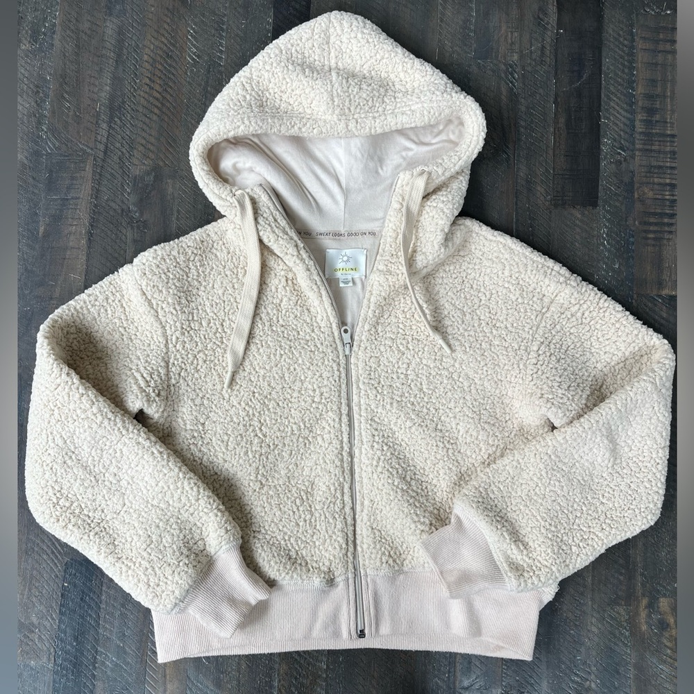 Offline by Aerie Cream Sherpa Full Zip Hoodie Jacket Women’s Small